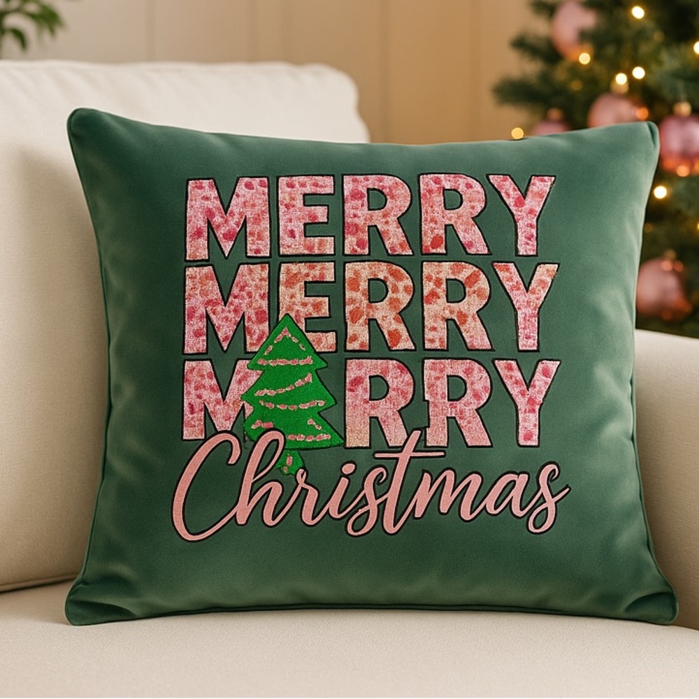 Merry Christmas Velvet Throw Pillow Festive Accent Cushion Elegant Holiday Home